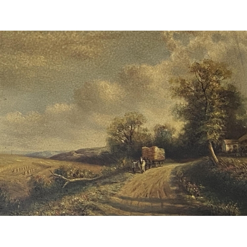 465 - Set of four oil on board, early C20th, unsigned, country scenes, city scape and interior,  in gilt e... 