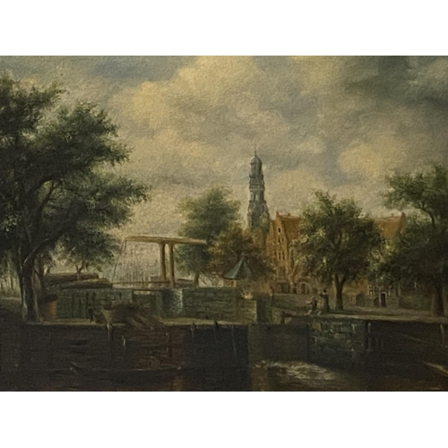 465 - Set of four oil on board, early C20th, unsigned, country scenes, city scape and interior,  in gilt e... 