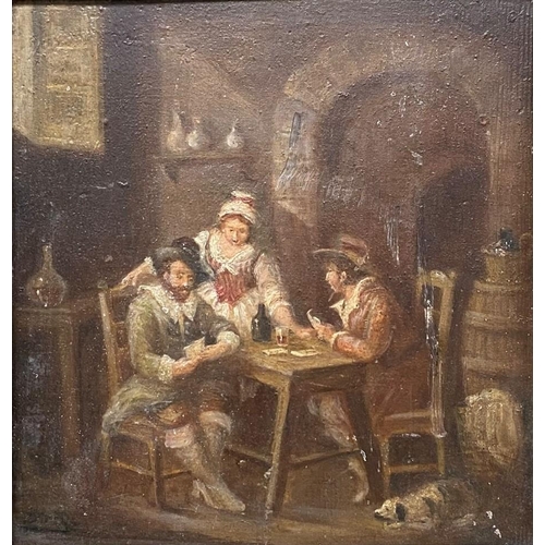 466 - C19th oil on board of an interior tavern scene, in a unglazed gilt frame, 27 x 26cm