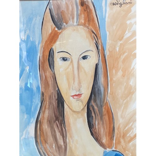 470 - After Modigliani, modern reproduction watercolour on board, bust portrait of a lady, in a gilt glaze... 