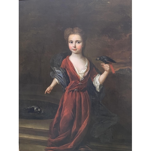 474 - Attributed to Sir Godfrey Kneller (1646-1723), Portrait of a young girl in a landscape holding a par... 