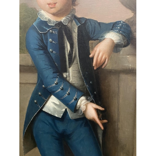 475 - Attributed to Hugh Barron (1745 - 1791), Portrait of a Boy in Blue in an architectural Landscape, Oi... 