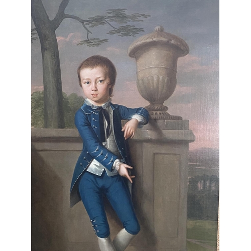 475 - Attributed to Hugh Barron (1745 - 1791), Portrait of a Boy in Blue in an architectural Landscape, Oi... 