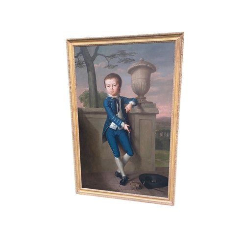 475 - Attributed to Hugh Barron (1745 - 1791), Portrait of a Boy in Blue in an architectural Landscape, Oi... 