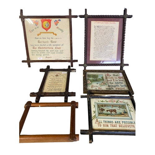 493 - Quantity of vintage rustic oak framed pictures of poems, sayings, prayers etc