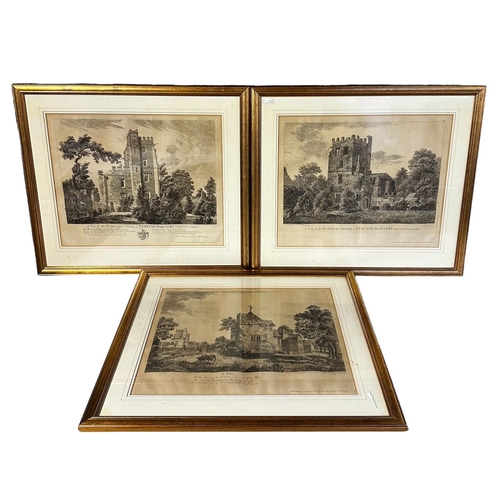 499 - After Paul Sandby, A set of 3 framed and gilt glazed black and white lithographs prints, titled to m... 