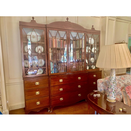 569 - A good Regency breakfront inlaid mahogany library bookcase, with glazed upper parts, 260cmH x 244cmW... 