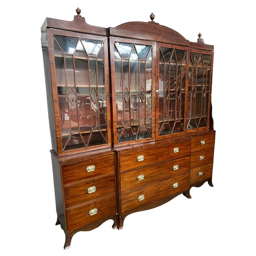 569 - A good Regency breakfront inlaid mahogany library bookcase, with glazed upper parts, 260cmH x 244cmW... 