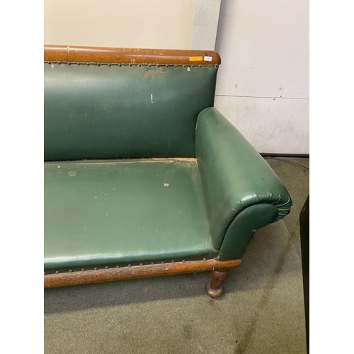 578 - Victorian oak framed studded green rexine seat, possibly ex railway waiting room 410 cm Long, in nee... 