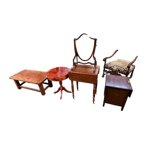 587 - Four pieces of furniture: coffee table 100 cm L x 50 cm W x 40 cm H, drop leaf table 68 cm W with le... 