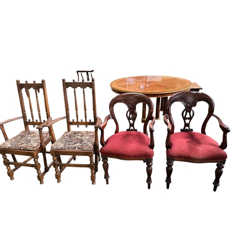 637 - Pair of mahogany armchairs with red upholstered seats 55cm W x 50 cm D x 92 cm H together with anoth... 