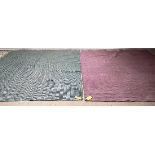 671 - Two modern rugs, in green and blue chevron pattern, and a similar one in pink, both with wear  in ne... 