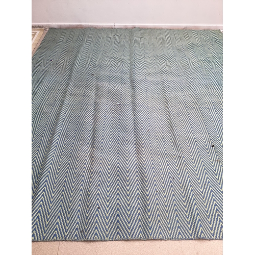 671 - Two modern rugs, in green and blue chevron pattern, and a similar one in pink, both with wear  in ne... 