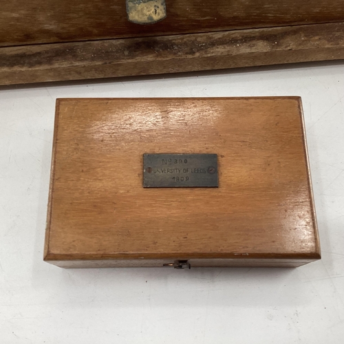 1033 - An early 20th century pair of chemists scales with boxed associated weights in an oak and glass case... 