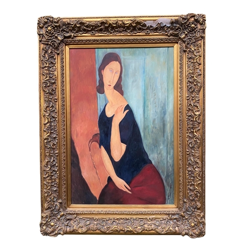 461 - After Modigliani, modern reproduction oil on canvas, of a seated lady in gilt frame, Verso 