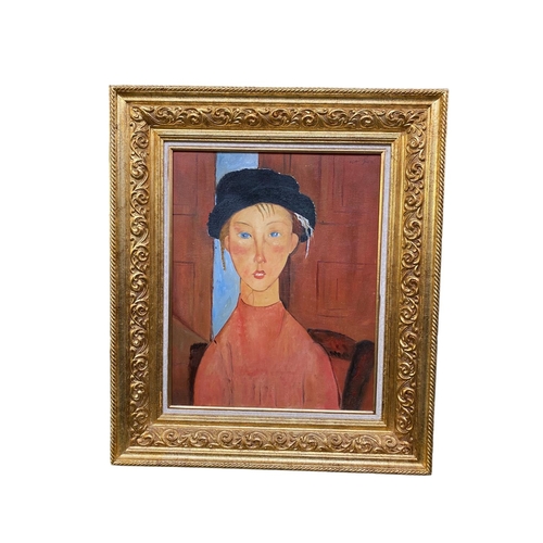 464 - After Modigliani, modern reproduction, oil on canvas, child in beret, Verso: Bambino con Berretto, 5... 