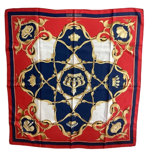 102 - HERMES silk scarf, Crowns red white and blue, good condition, tiny mark to one white pabel