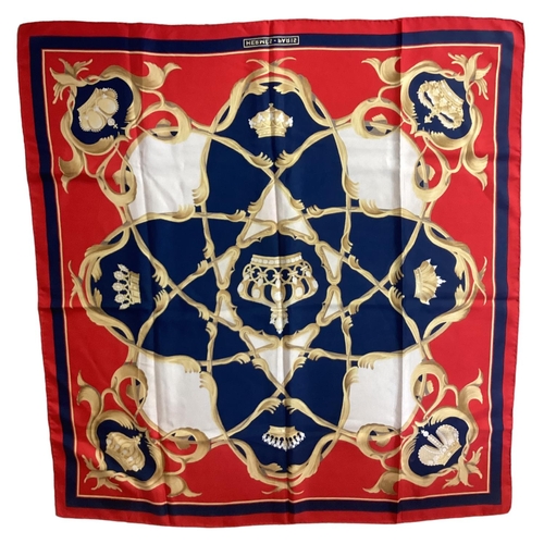 102 - HERMES silk scarf, Crowns red white and blue, good condition, tiny mark to one white pabel