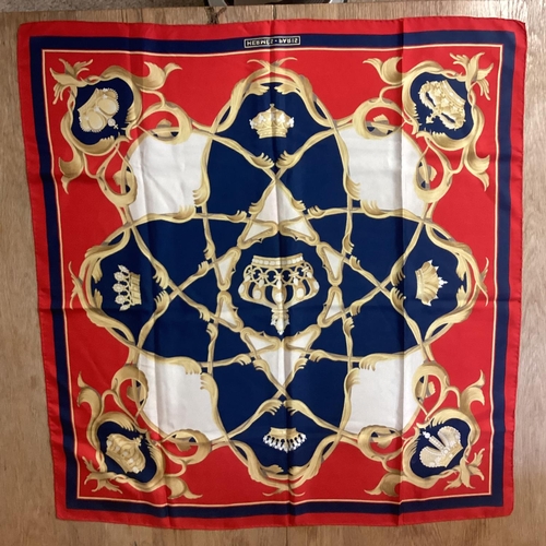 102 - HERMES silk scarf, Crowns red white and blue, good condition, tiny mark to one white pabel