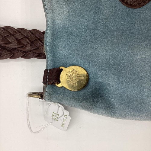 115 - A blue suede Mulberry Handbag with brown leather handles, some fading and wear to the suede