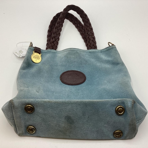 115 - A blue suede Mulberry Handbag with brown leather handles, some fading and wear to the suede