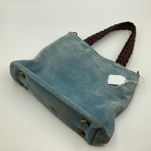 115 - A blue suede Mulberry Handbag with brown leather handles, some fading and wear to the suede