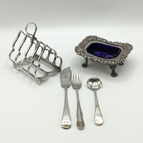 14 - A sterling silver Elkington and Co toast rack together with a sterling silver fork, a plated salt an... 