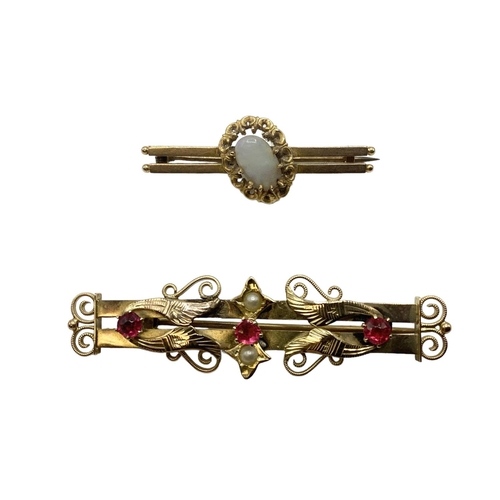 26 - A 15 ct gold double bar broach set with oval central opal together with 9ct gold ruby and pearly set... 