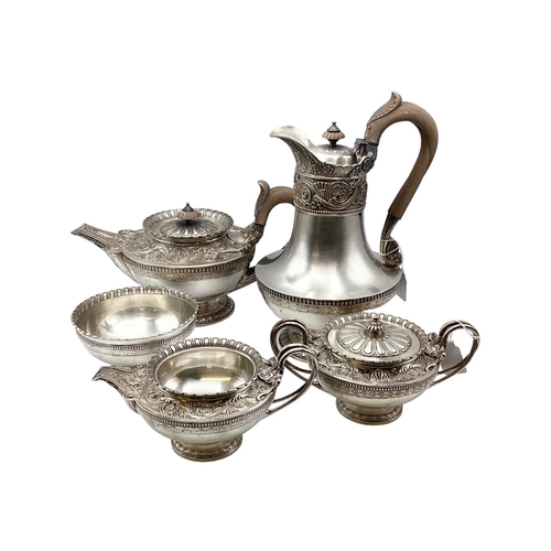 3 - A sterling silver five piece tea set of heavy gauge with cast acanthus leaf decoration by Amos Broth... 