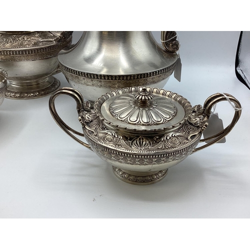 3 - A sterling silver five piece tea set of heavy gauge with cast acanthus leaf decoration by Amos Broth... 