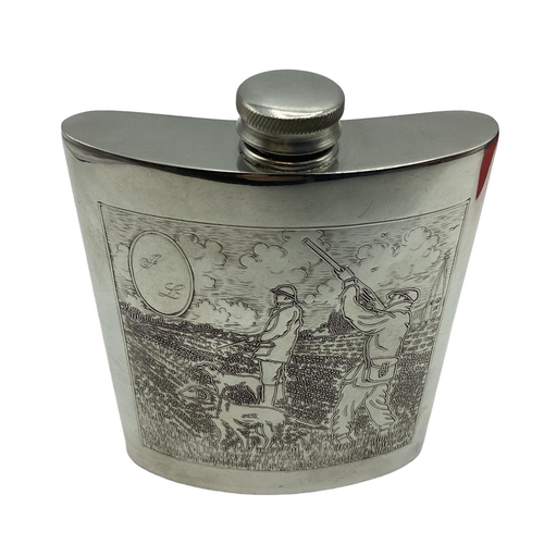 37 - A Sheffield Pewter hipflask with chased hunting scenes with certificate in presentation box