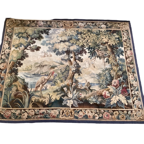 401 - C19th wall tapestry, continental landscape scene with floral border 225 cm x 175 cm