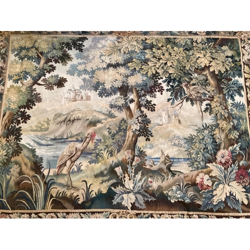 401 - C19th wall tapestry, continental landscape scene with floral border 225 cm x 175 cm