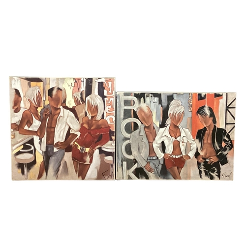 407 - Farel, British XX two acrylic on canvas of modern C20th stylized scenes, on stretch box frames, 59 x... 