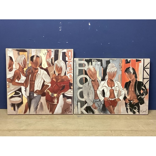 407 - Farel, British XX two acrylic on canvas of modern C20th stylized scenes, on stretch box frames, 59 x... 