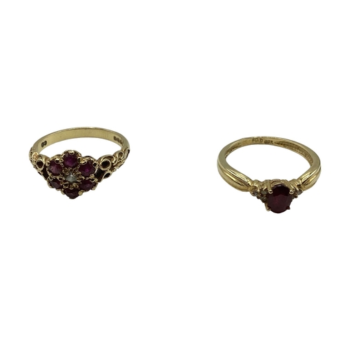 46 - Two 18 ct gold ruby and diamond set rings, first set with central brilliant cut diamond and surround... 