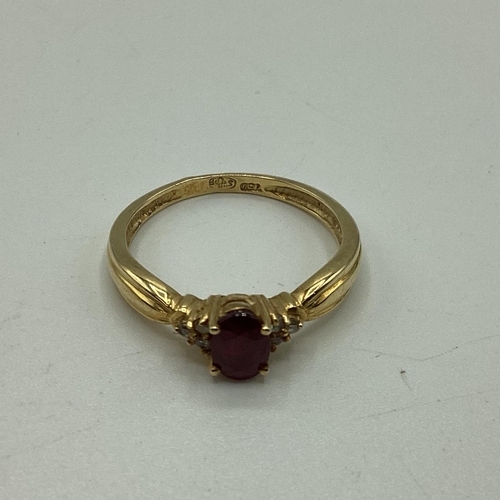 46 - Two 18 ct gold ruby and diamond set rings, first set with central brilliant cut diamond and surround... 