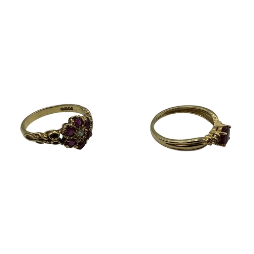 46 - Two 18 ct gold ruby and diamond set rings, first set with central brilliant cut diamond and surround... 