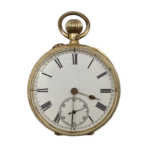 51 - An 18 ct gold ladies crown wind pocket watch, open 24 mm face, Roman numeral markers and second subs... 