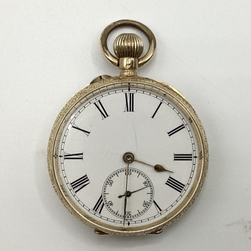 51 - An 18 ct gold ladies crown wind pocket watch, open 24 mm face, Roman numeral markers and second subs... 