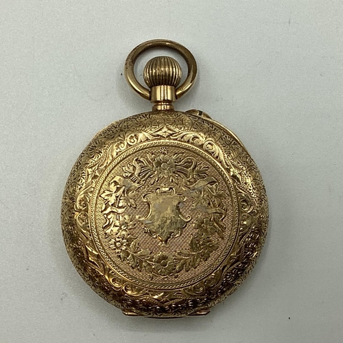 51 - An 18 ct gold ladies crown wind pocket watch, open 24 mm face, Roman numeral markers and second subs... 