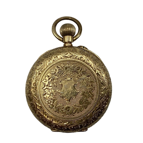 51 - An 18 ct gold ladies crown wind pocket watch, open 24 mm face, Roman numeral markers and second subs... 