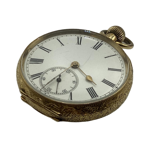 51 - An 18 ct gold ladies crown wind pocket watch, open 24 mm face, Roman numeral markers and second subs... 