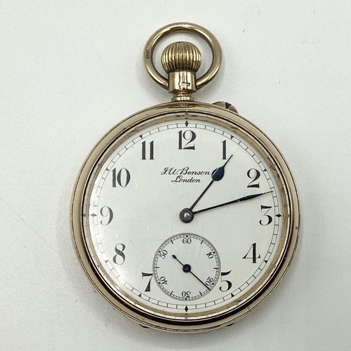 52 - A 9 ct gold open faced pocket watch face marked JW Benson London, 32 mm face with Arabic markers and... 