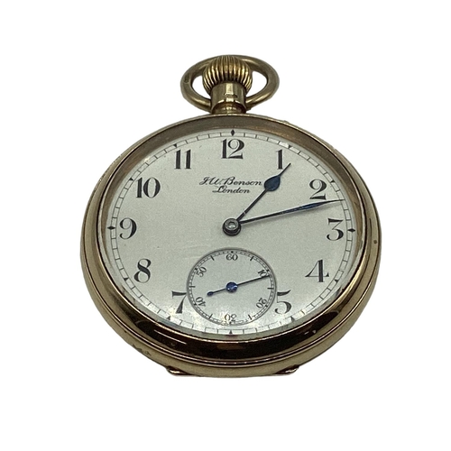 52 - A 9 ct gold open faced pocket watch face marked JW Benson London, 32 mm face with Arabic markers and... 