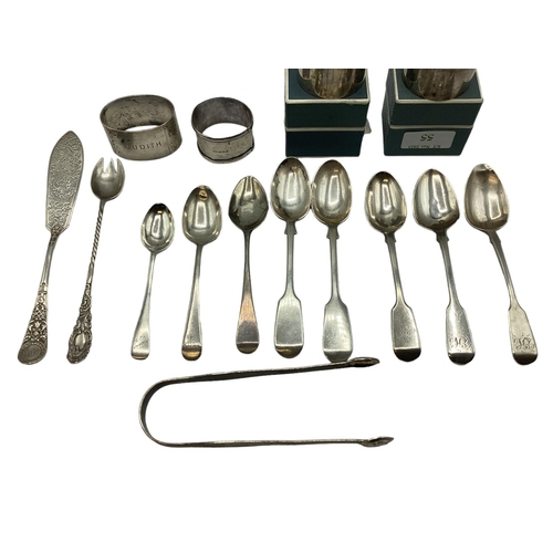 55 - A Collection (15 items) of sterling silver items to include napkin rings spoons, sugar tongs etc.  3... 