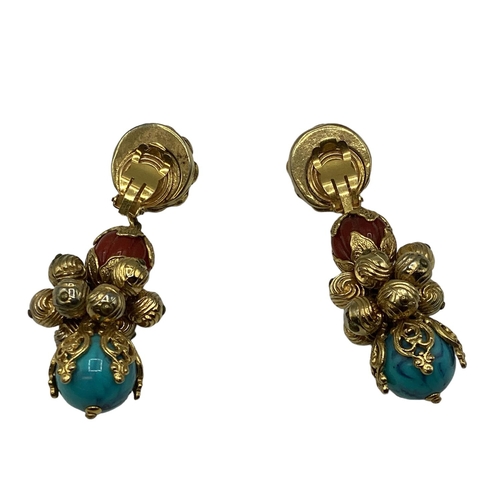 72 - A pair of couture chandelier style earrings set with synthetic hardstones by Moschino