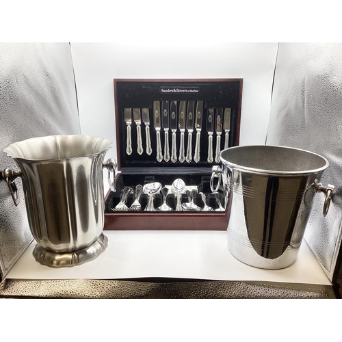 73 - Two silver plated ice buckets together with 6 person plated canteen of cutlery by Sanders and Bowers... 