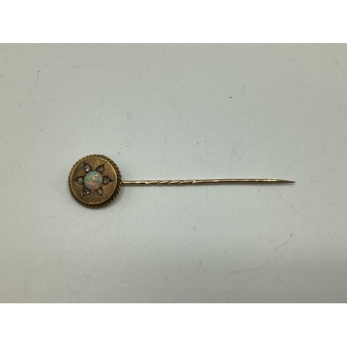 84 - A 15ct gold opal and rose cut diamond tie pin, 3grams