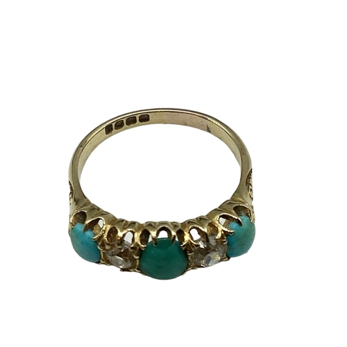 9 - An 18ct gold turquoise and diamond ring. Three oval turquoise cabochons with old cut diamond accents... 